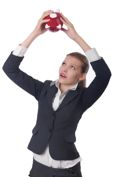 Woman businesswoman with piggybank on white — Stock Photo, Image