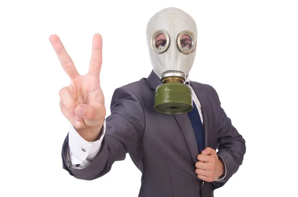 Empresário usando máscara de gás isolado no branco — Fotografia de Stock