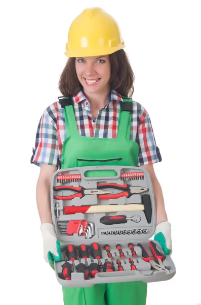 Jeune femme avec boîte à outils sur blanc — Photo