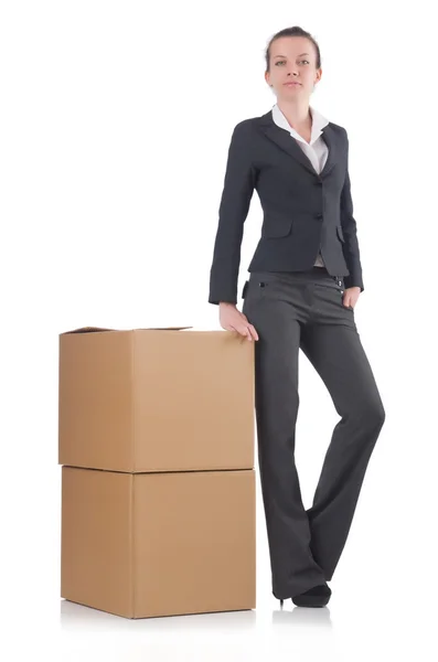 Woman businesswoman with boxes on white — Stock Photo, Image