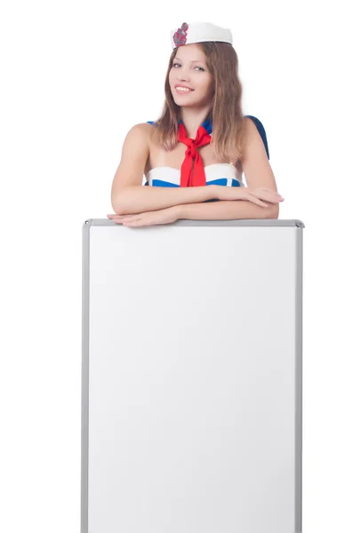 Mladá žena s prázdnou deskou na bílém — Stock fotografie