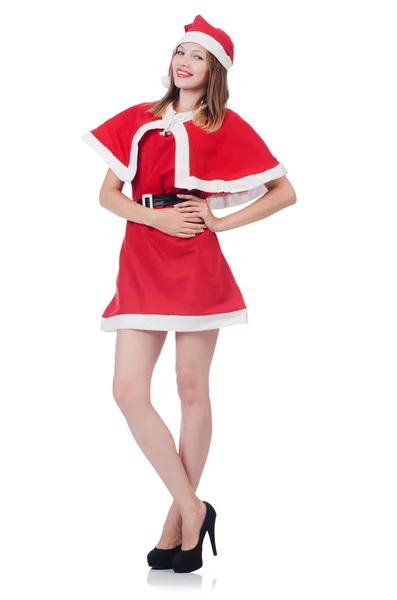 Jovem mulher no vermelho santa traje no branco — Fotografia de Stock