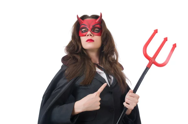 Mujer con traje de diablo y tridente — Foto de Stock