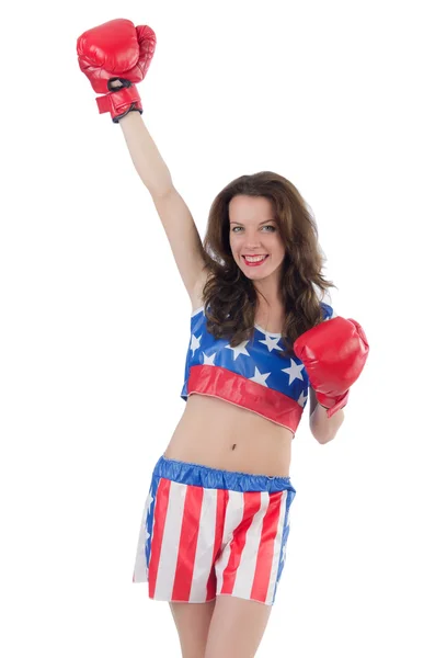 Kvinna boxare i uniform med amerikanska symboler — Stockfoto