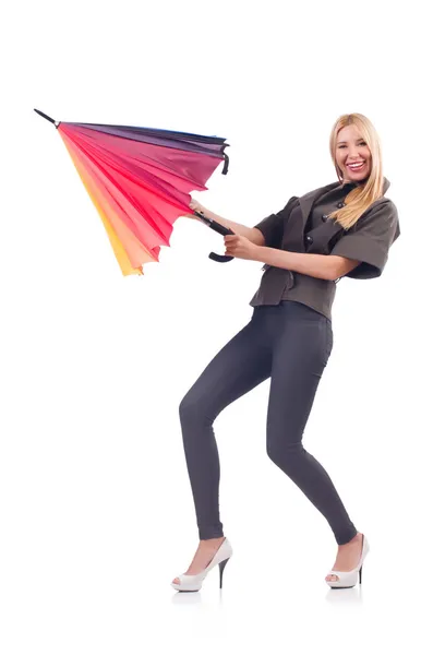 Kvinna med paraply isolerad på vitt — Stockfoto