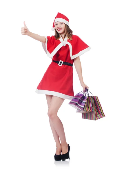 Beyaz üzerine kırmızı Noel Baba kostümü giymiş genç bir kadın. — Stok fotoğraf