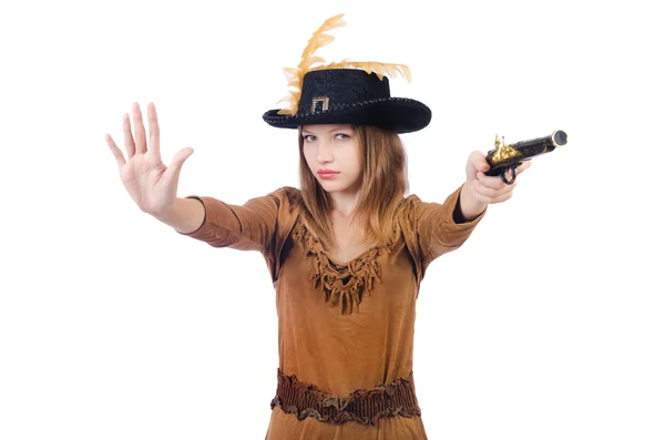 Жінка-пірат з пістолетом ізольована на білому — стокове фото