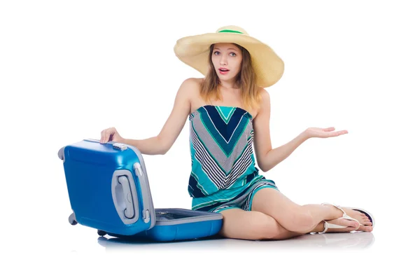 Mulher com suitacases se preparando para férias de verão — Fotografia de Stock