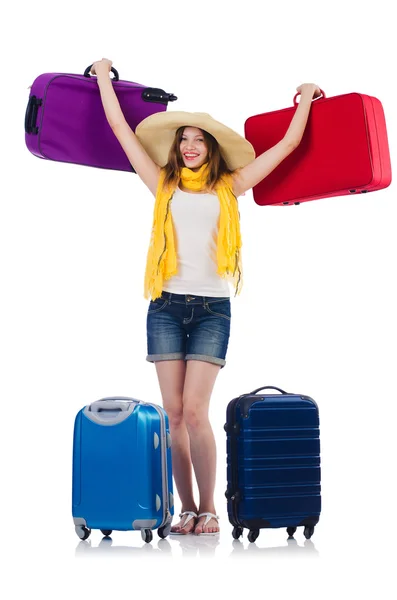 Mujer yendo a vacaciones de verano aislado en blanco — Foto de Stock