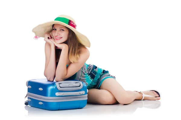 Woman going to summer vacation isolated on white — Stock Photo, Image