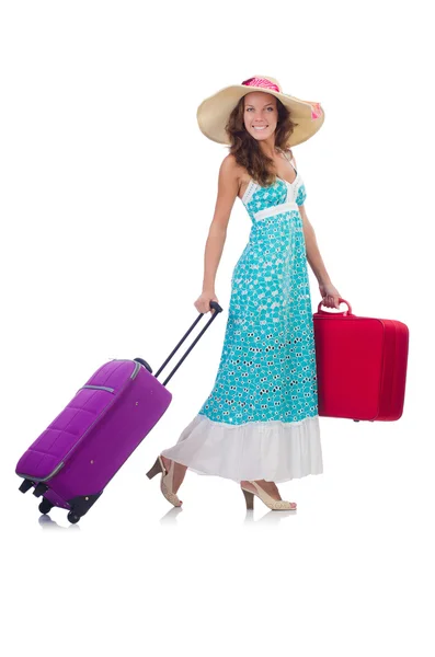 Mujer yendo a vacaciones de verano aislado en blanco —  Fotos de Stock