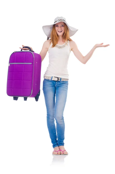 Mujer yendo a vacaciones de verano aislado en blanco —  Fotos de Stock