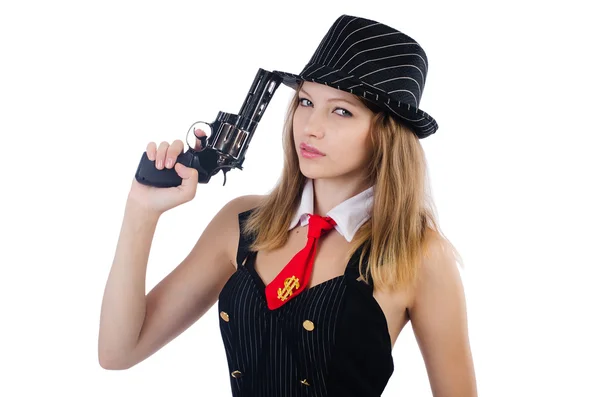 Frau mit Waffe isoliert auf Weiß — Stockfoto