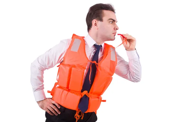 Man in life jacket isolated on white — Stock Photo, Image