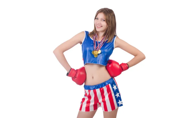 Kvinna boxare i uniform med amerikanska symboler — Stockfoto