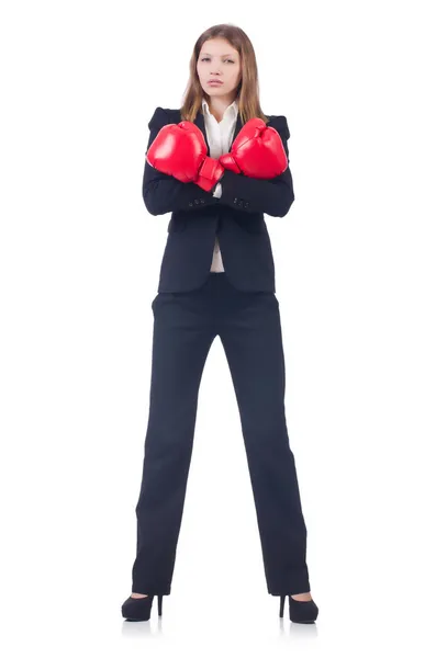 Woman businesswoman with boxing gloves on white — Stock Photo, Image