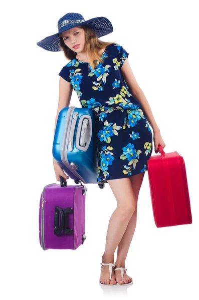 Vrouw met suitacases voorbereiden op zomervakantie — Stockfoto