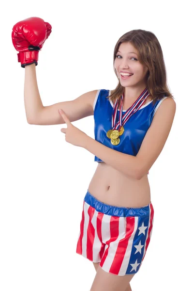 Boxerin in Uniform mit US-Symbolen — Stockfoto