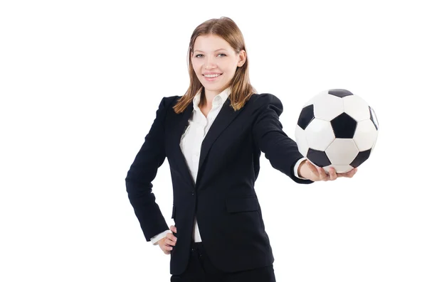 Businesswoman with football on white — Stock Photo, Image