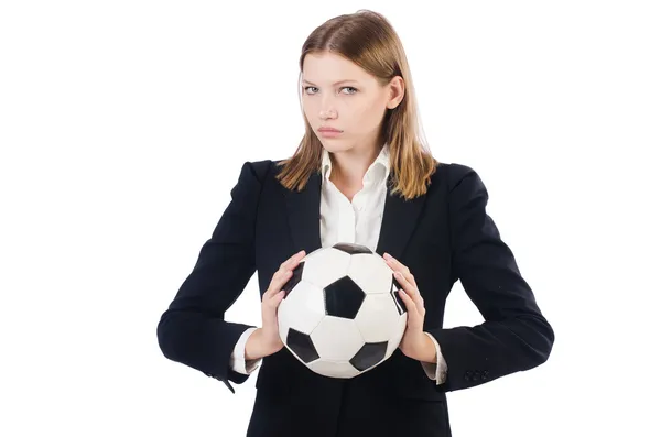 Zakenvrouw met voetbal op wit — Stockfoto