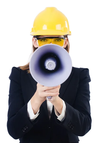 Mulher com capacete e alto-falante em branco — Fotografia de Stock