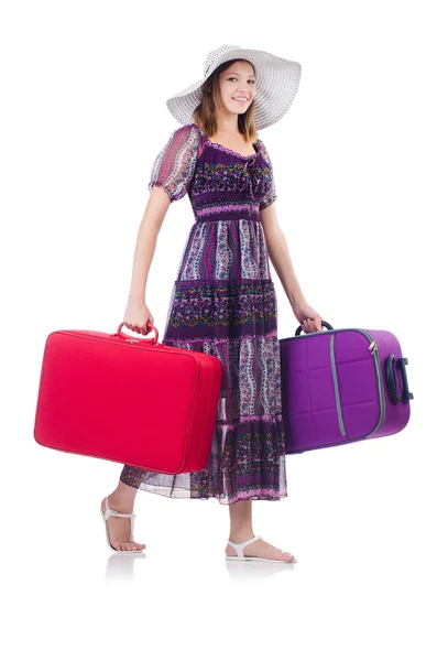 Vrouw met suitacases voorbereiden op zomervakantie — Stockfoto