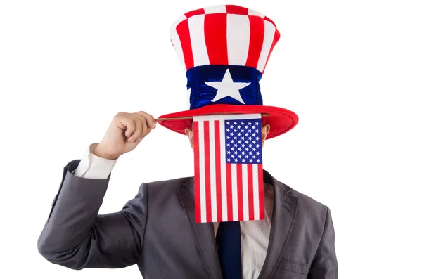 Hombre con bandera americana y sombrero — Foto de Stock