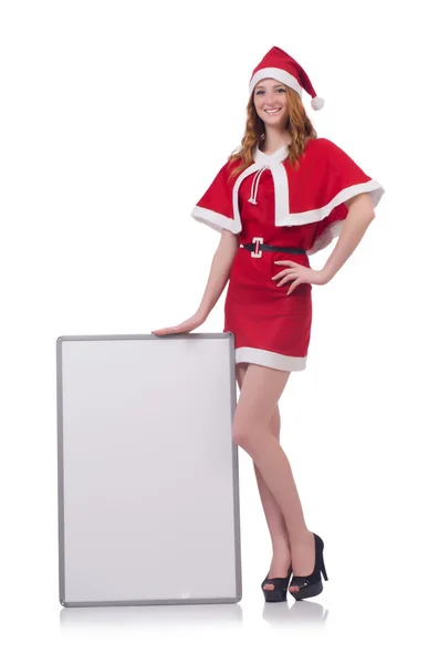 Mladá žena v červeném kostýmu Santa s prázdnou deskou — Stock fotografie
