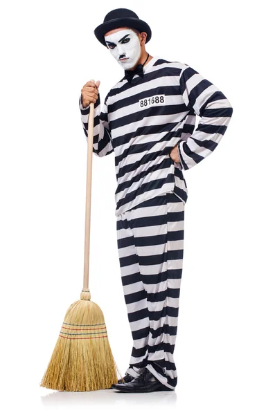 Prisoner with broom isolated on the white — Stock Photo, Image