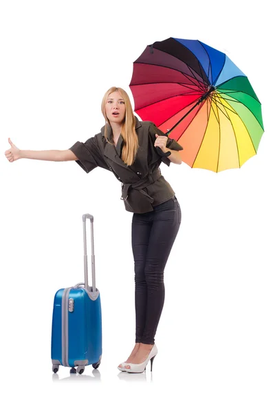 Woman preparing for vacation with suitcase on white — Stock Photo, Image