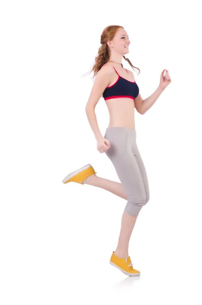 Young woman doing exercises on white — Stock Photo, Image