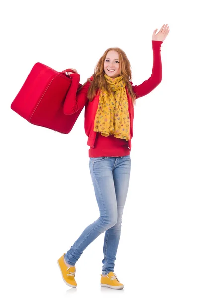 하얀 여행 가방을 들고 휴가를 준비하는 여자 — 스톡 사진