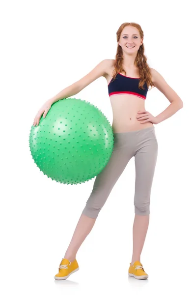 Mujer haciendo ejercicio con pelota suiza sobre blanco —  Fotos de Stock