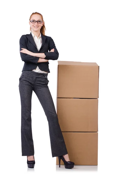 Woman businesswoman with boxes on white — Stock Photo, Image