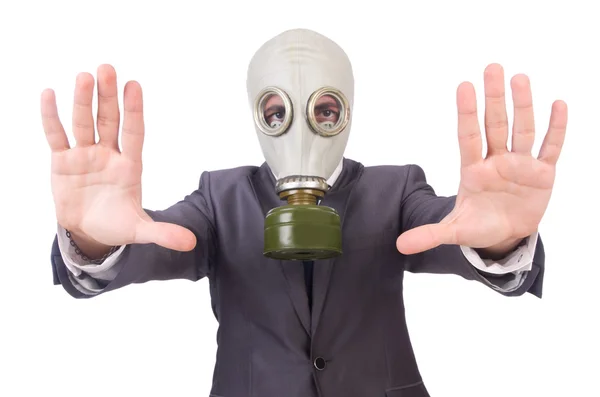 Businessman wearing gas mask isolated on white — Stock Photo, Image