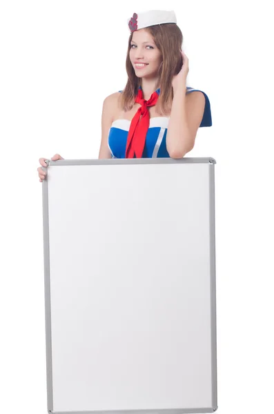 Mujer joven con tablero en blanco sobre blanco — Foto de Stock