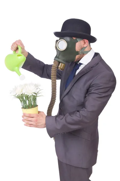 Businessman wearing gas mask isolated on white — Stock Photo, Image