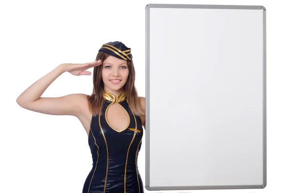 Young woman with blank board on white — Stock Photo, Image