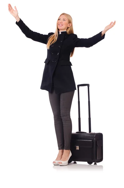 Businesswoman with travel suitcase on white — Stock Photo, Image