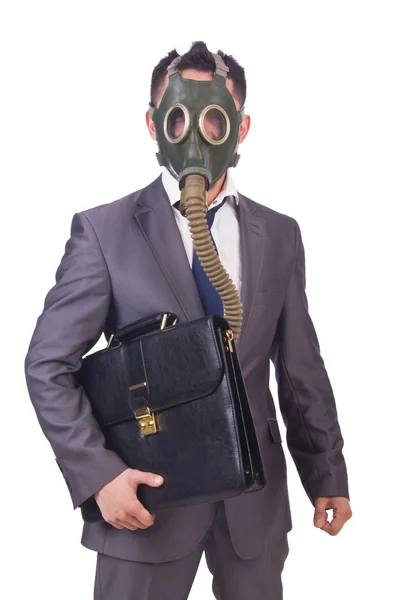 Empresario con máscara de gas aislado en blanco — Foto de Stock
