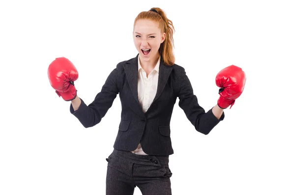 Vrouw zakenvrouw met bokshandschoenen op wit — Stockfoto