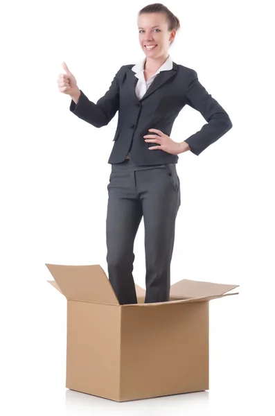 Donna con scatole su bianco — Foto Stock