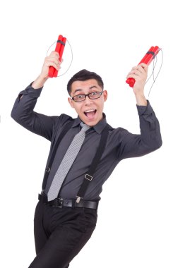 Dinamiti olan bir iş adamı beyazda izole edilmiş.