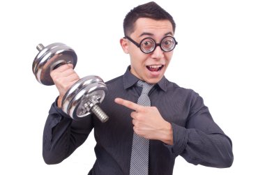 beyaz izole dumbbells ile komik iş adamı