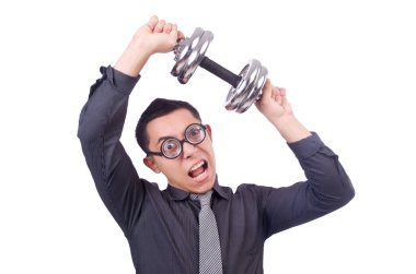 beyaz izole dumbbells ile komik iş adamı