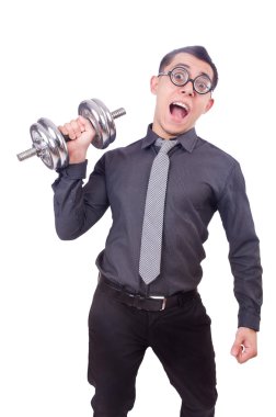 beyaz izole dumbbells ile komik iş adamı