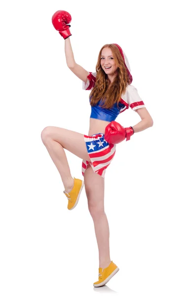 Női bokszoló egyenruhában amerikai szimbólumokkal — Stock Fotó