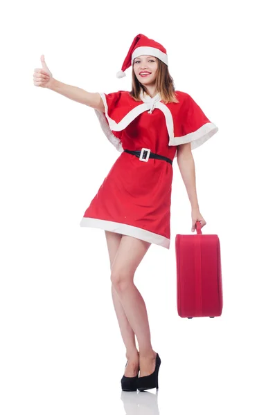 Jonge vrouw in rode santa kostuum met koffer — Stockfoto