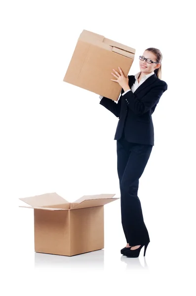 Woman businesswoman with boxes on white — Stock Photo, Image