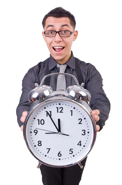 Lustiger Geschäftsmann mit weißer Uhr — Stockfoto